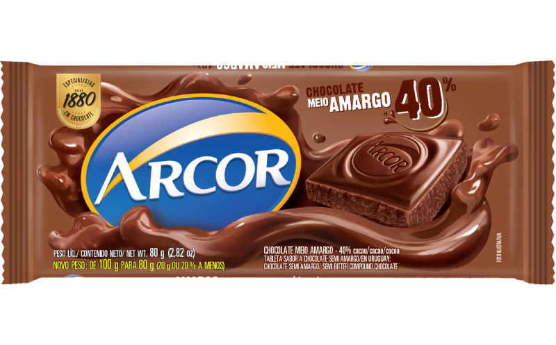 imagem de CHOCOLATE ARCOR MEIO AMARGO 40% CACAU 80G