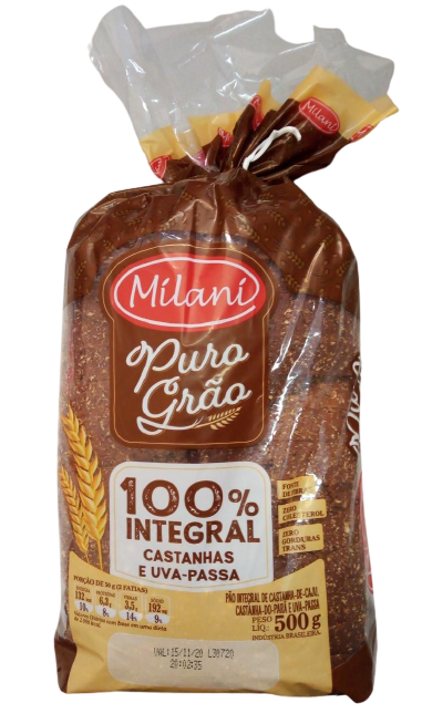 imagem de PÃO MILANI PURO GRÃO INT 500G CASTANHAS UVA PASSAS